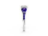 White gold Three-Stone Cushion Cut Diamond Ring with Round with Tanzanite side stone Pavé Band and Prong Setting_2