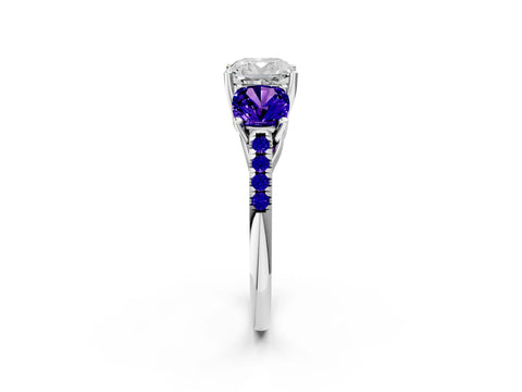 White gold Three-Stone Cushion Cut Diamond Ring with Round with Tanzanite side stone Pavé Band and Prong Setting_2