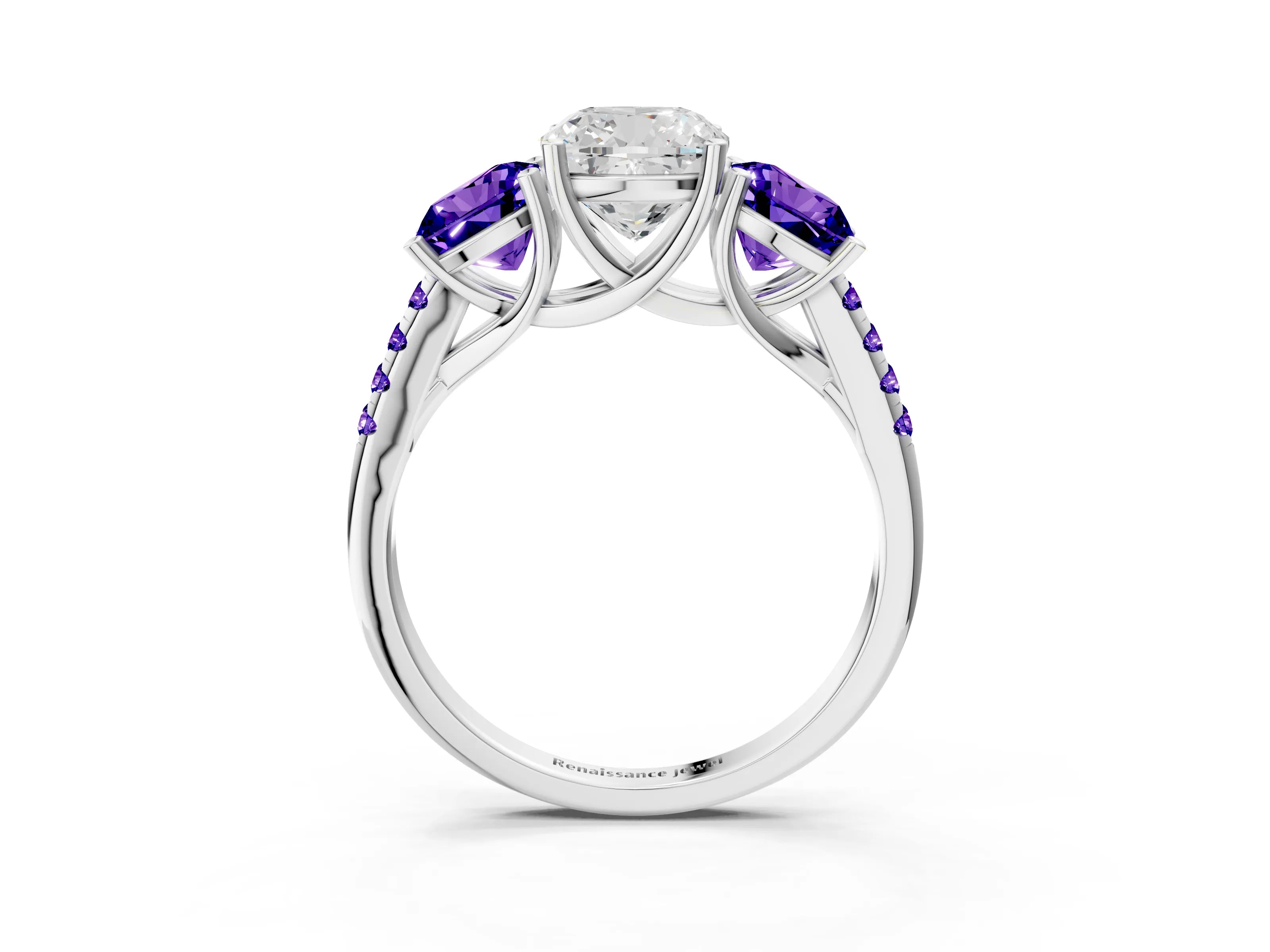 White gold Three-Stone Cushion Cut Diamond Ring with Round with Tanzanite side stone Pavé Band and Prong Setting_3