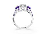 White gold Three-Stone Cushion Cut Diamond Ring with Round with Tanzanite side stone Pavé Band and Prong Setting_3