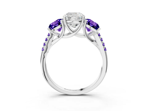 White gold Three-Stone Cushion Cut Diamond Ring with Round with Tanzanite side stone Pavé Band and Prong Setting_3