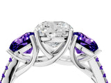 White gold Three-Stone Cushion Cut Diamond Ring with Round with Tanzanite side stone Pavé Band and Prong Setting_4