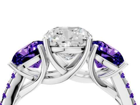 White gold Three-Stone Cushion Cut Diamond Ring with Round with Tanzanite side stone Pavé Band and Prong Setting_4