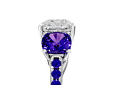 White gold Three-Stone Cushion Cut Diamond Ring with Round with Tanzanite side stone Pavé Band and Prong Setting_5