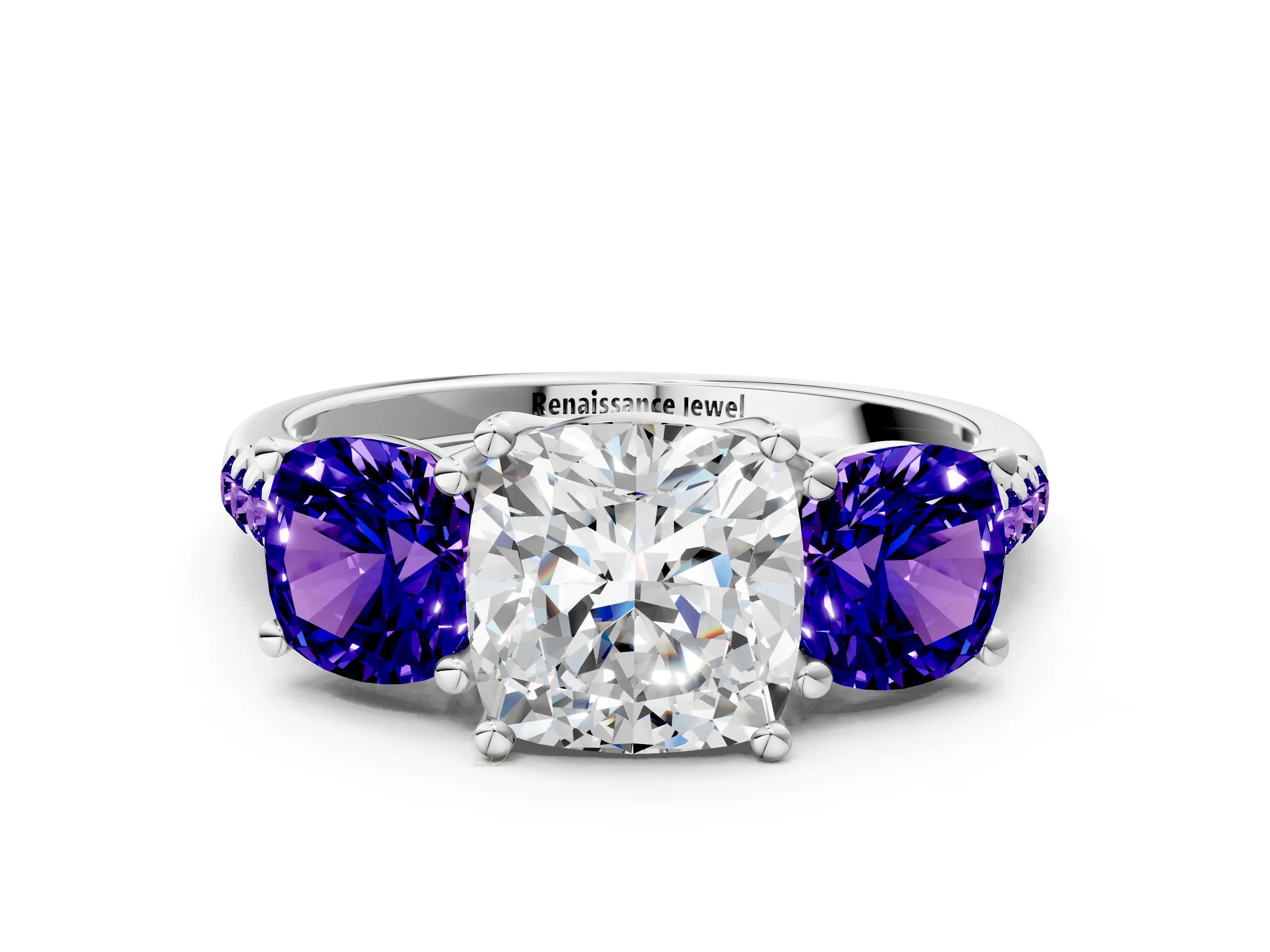 White gold Three-Stone Cushion Cut Diamond Ring with Round with Tanzanite side stone Pavé Band and Prong Setting
