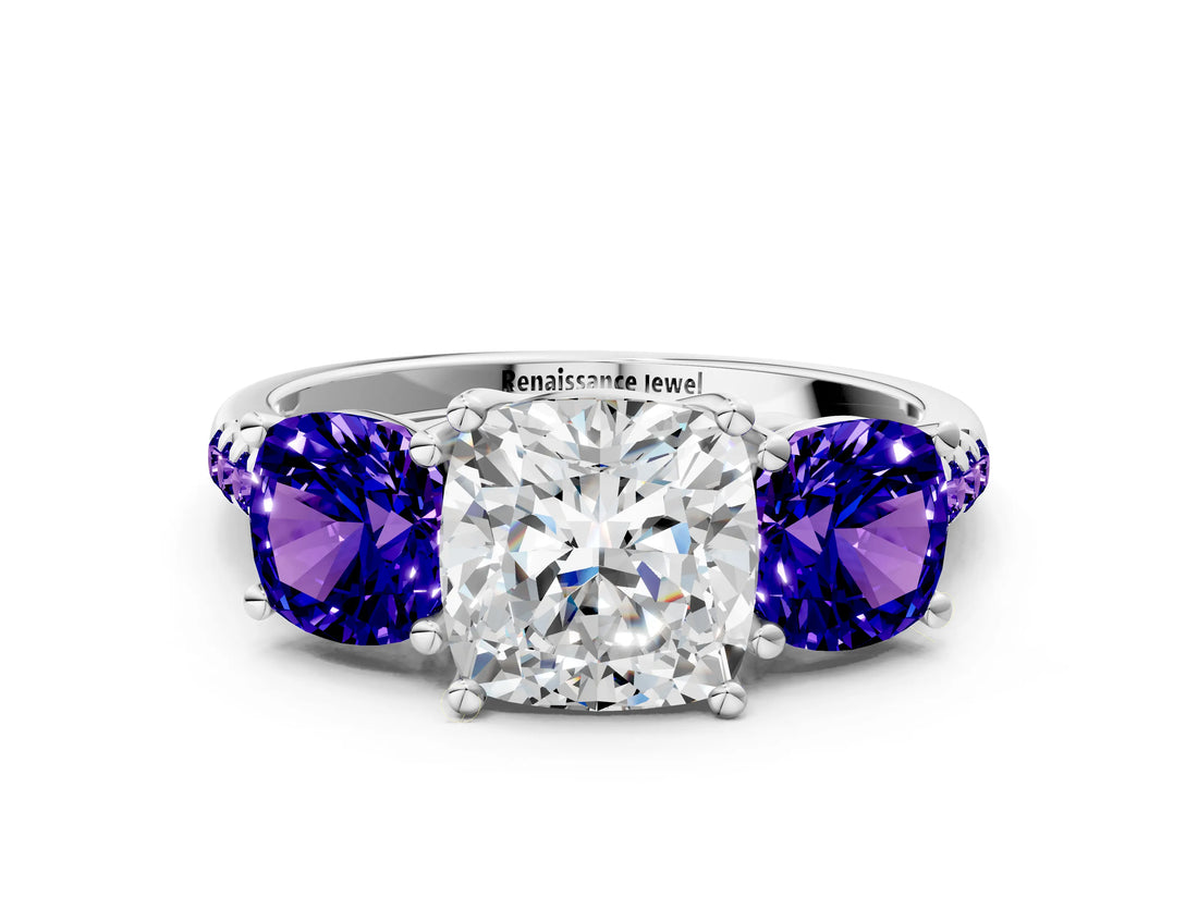 White gold Three-Stone Cushion Cut Diamond Ring with Round with Tanzanite side stone Pavé Band and Prong Setting