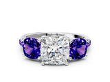 White gold Three-Stone Cushion Cut Diamond Ring with Round with Tanzanite side stone Pavé Band and Prong Setting