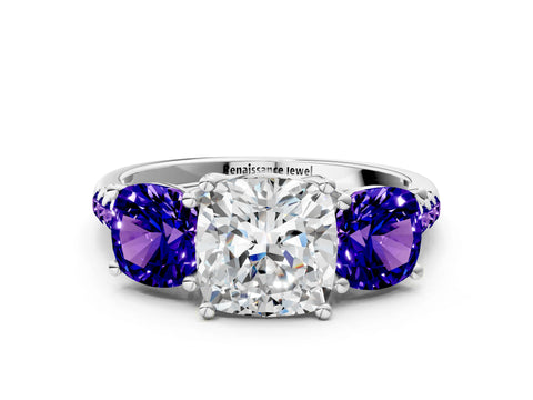 White gold Three-Stone Cushion Cut Diamond Ring with Round with Tanzanite side stone Pavé Band and Prong Setting