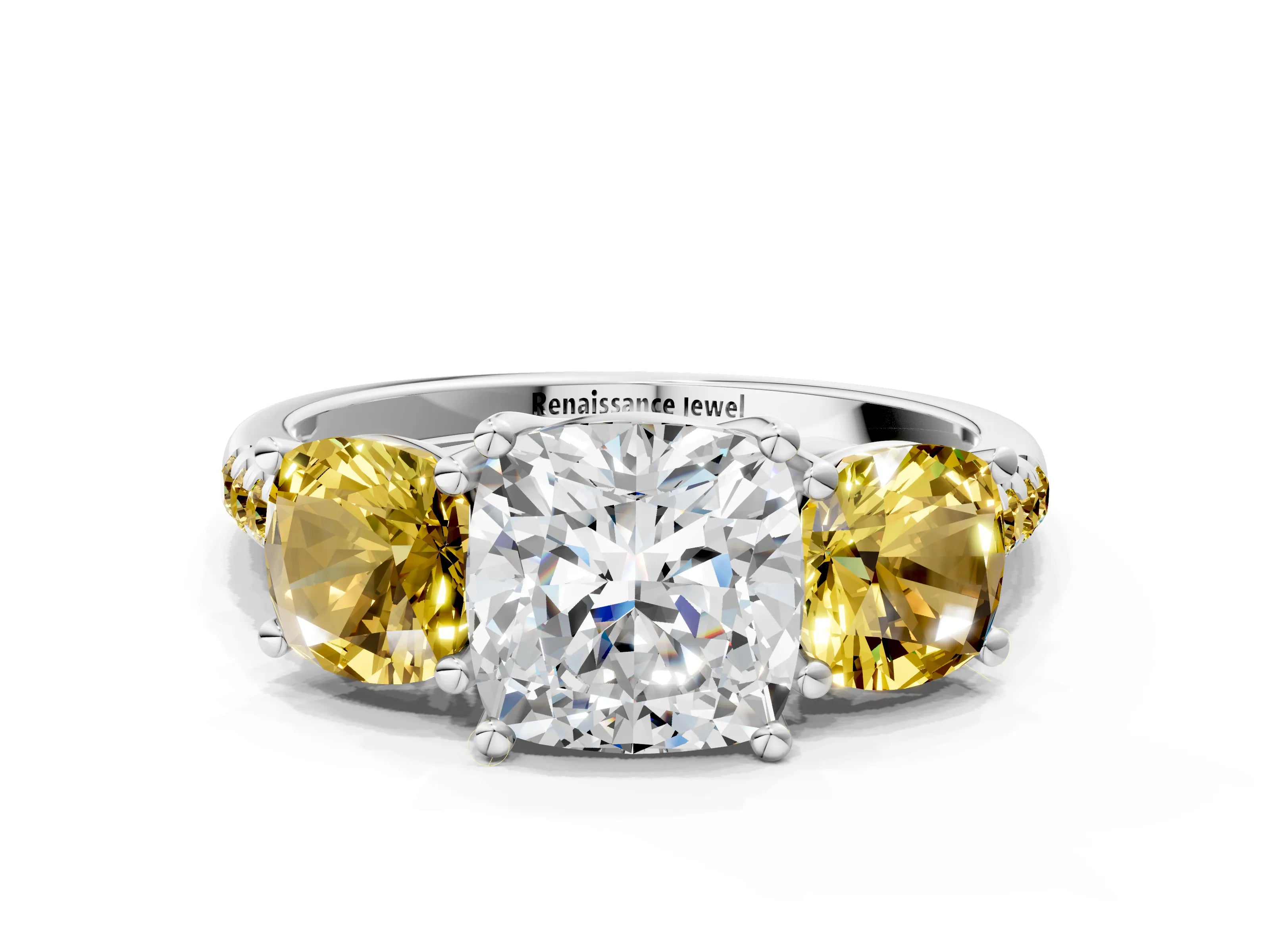 White gold Three-Stone Cushion Cut Diamond Ring with Round with Yellow Sapphire side stone Pavé Band and Prong Setting