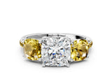 White gold Three-Stone Cushion Cut Diamond Ring with Round with Yellow Sapphire side stone Pavé Band and Prong Setting_12