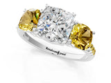 White gold Three-Stone Cushion Cut Diamond Ring with Round with Yellow Sapphire side stone Pavé Band and Prong Setting_13