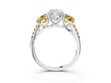 White gold Three-Stone Cushion Cut Diamond Ring with Round with Yellow Sapphire side stone Pavé Band and Prong Setting_15