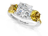White gold Three-Stone Cushion Cut Diamond Ring with Round with Yellow Sapphire side stone Pavé Band and Prong Setting_1