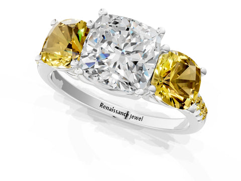 White gold Three-Stone Cushion Cut Diamond Ring with Round with Yellow Sapphire side stone Pavé Band and Prong Setting_1