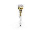 White gold Three-Stone Cushion Cut Diamond Ring with Round with Yellow Sapphire side stone Pavé Band and Prong Setting_2