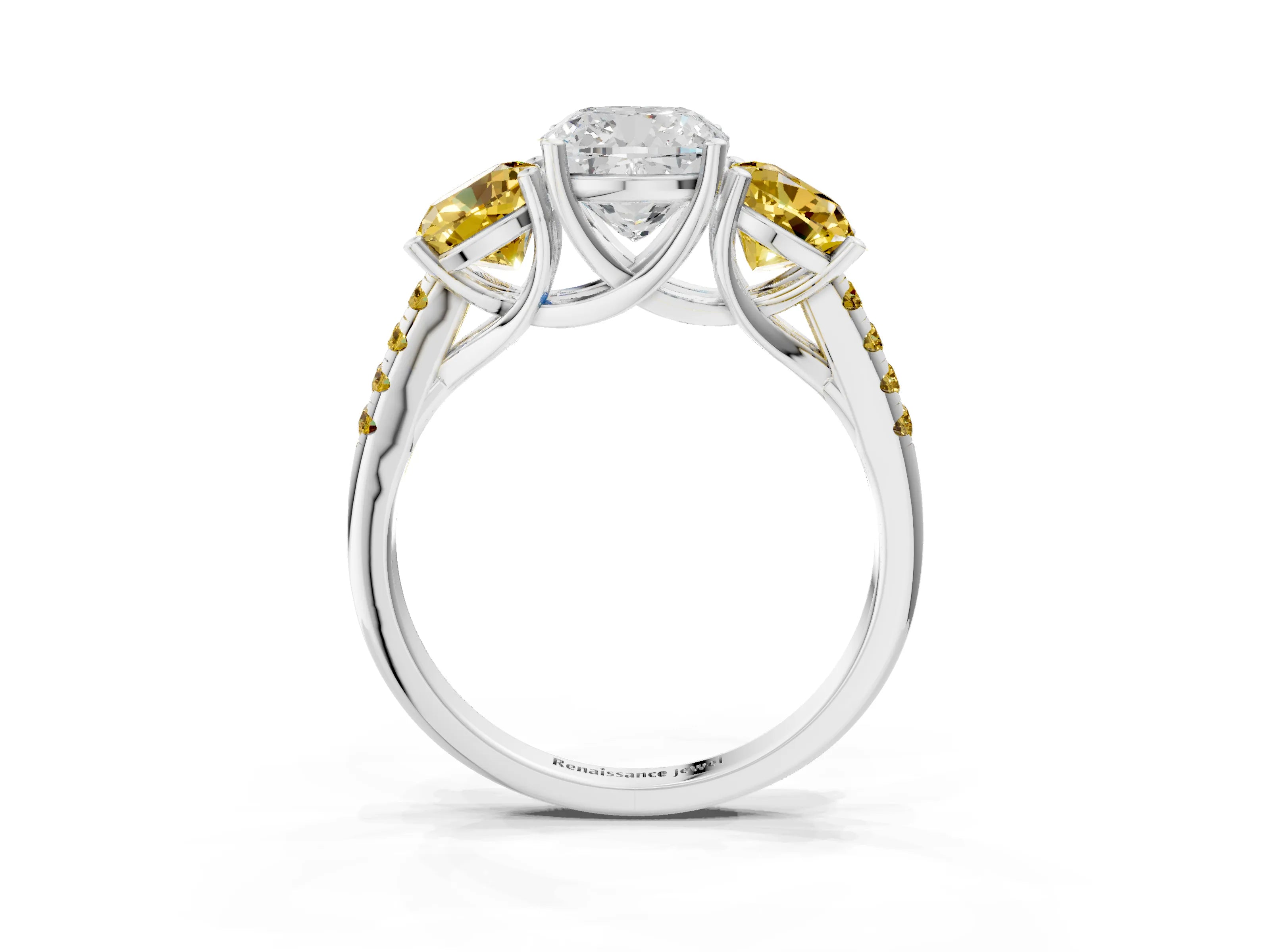 White gold Three-Stone Cushion Cut Diamond Ring with Round with Yellow Sapphire side stone Pavé Band and Prong Setting_3