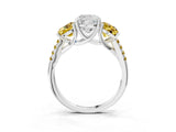 White gold Three-Stone Cushion Cut Diamond Ring with Round with Yellow Sapphire side stone Pavé Band and Prong Setting_3