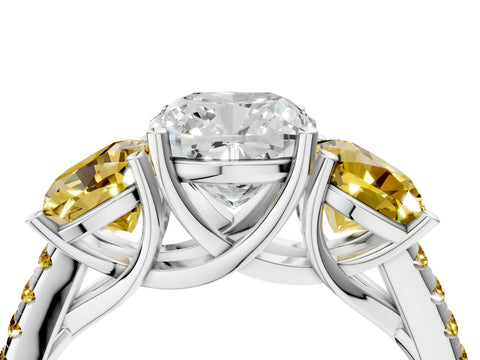White gold Three-Stone Cushion Cut Diamond Ring with Round with Yellow Sapphire side stone Pavé Band and Prong Setting_4