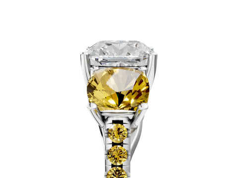 White gold Three-Stone Cushion Cut Diamond Ring with Round with Yellow Sapphire side stone Pavé Band and Prong Setting_5