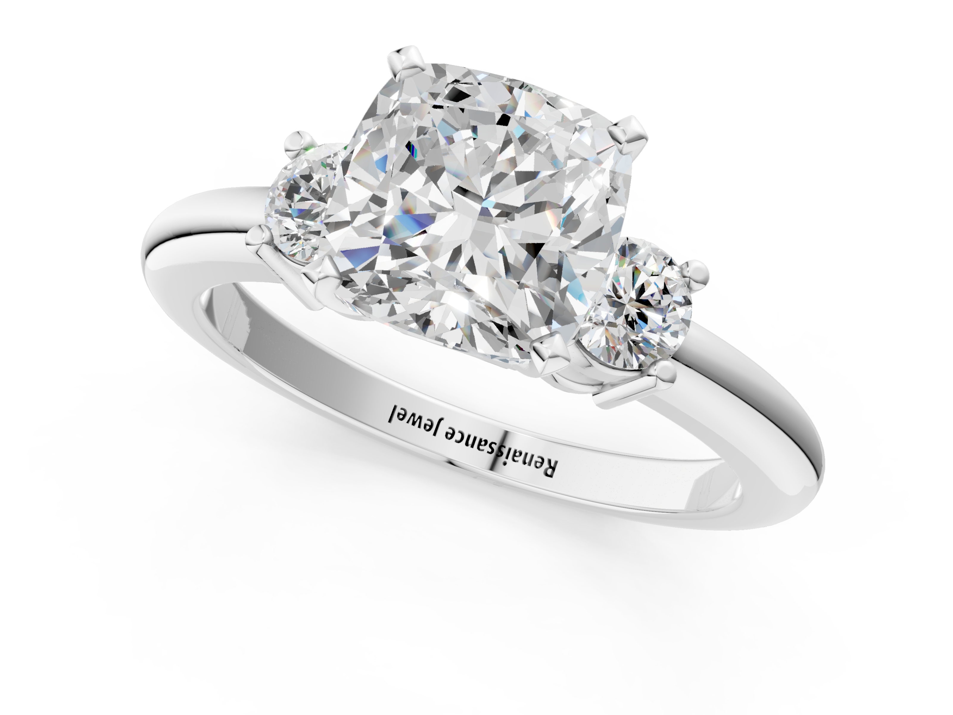 White gold Three-Stone Cushion Cut Diamond Solitaire with Prong Setting and Classic Band_100