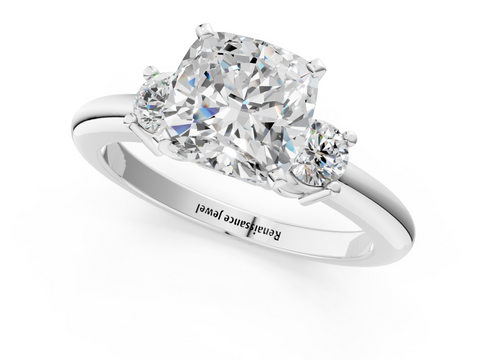 White gold Three-Stone Cushion Cut Diamond Solitaire with Prong Setting and Classic Band_100