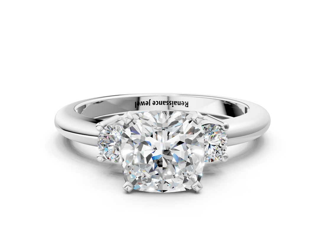 White gold Three-Stone Cushion Cut Diamond Solitaire with Prong Setting and Classic Band_117
