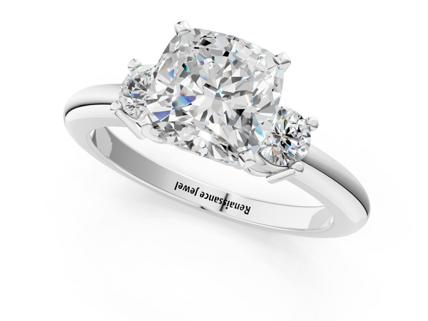 White gold Three-Stone Cushion Cut Diamond Solitaire with Prong Setting and Classic Band