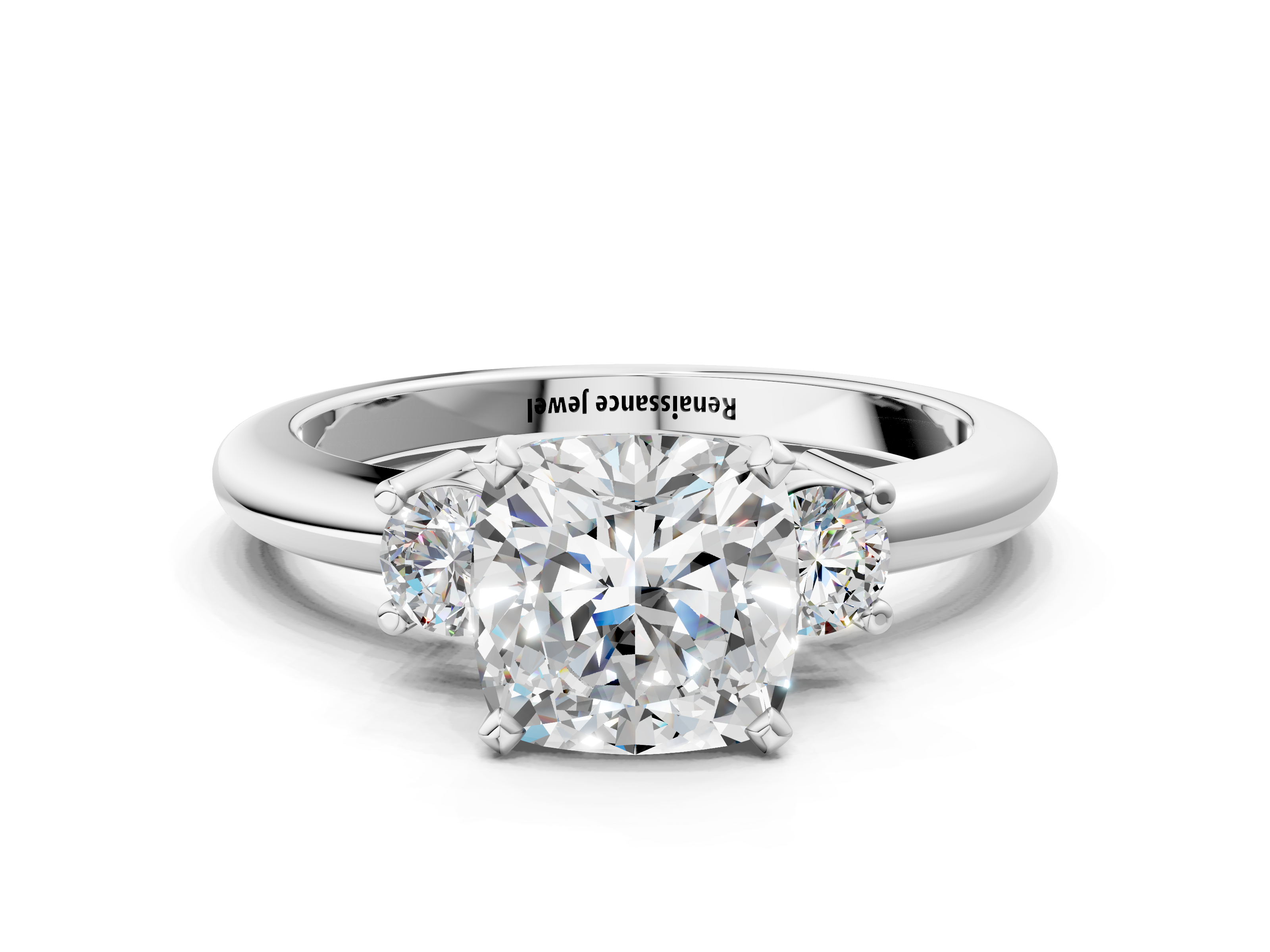 White gold Three-Stone Cushion Cut Diamond Solitaire with Prong Setting and Classic Band_99