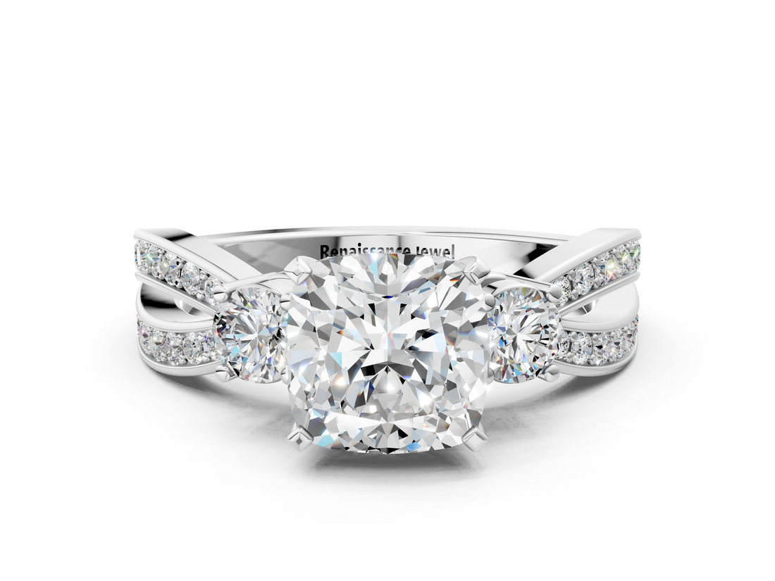 White gold Three-Stone Cushion Cut Diamond Twist Band with Prong Setting_120