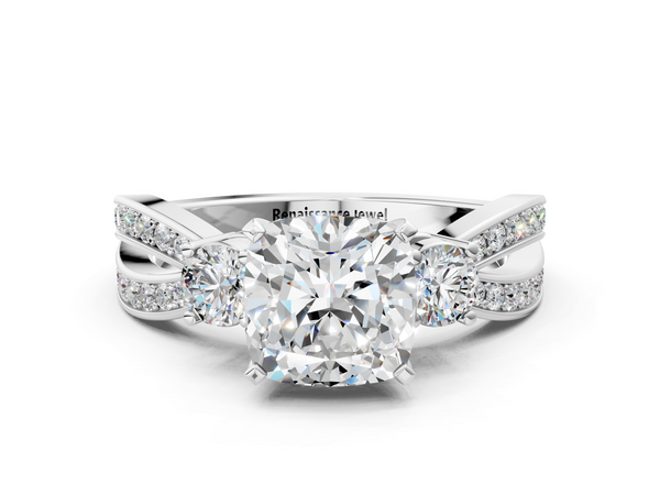 White gold Three-Stone Cushion Cut Diamond Twist Band with Prong Setting