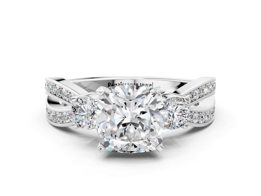 White gold Three-Stone Cushion Cut Diamond Twist Band with Prong Setting