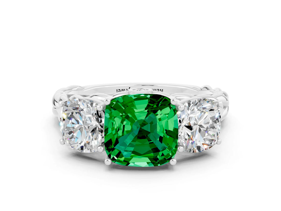 White gold Three-Stone Cushion Cut Emerald Braided Band Ring with Four-Prong Setting_45