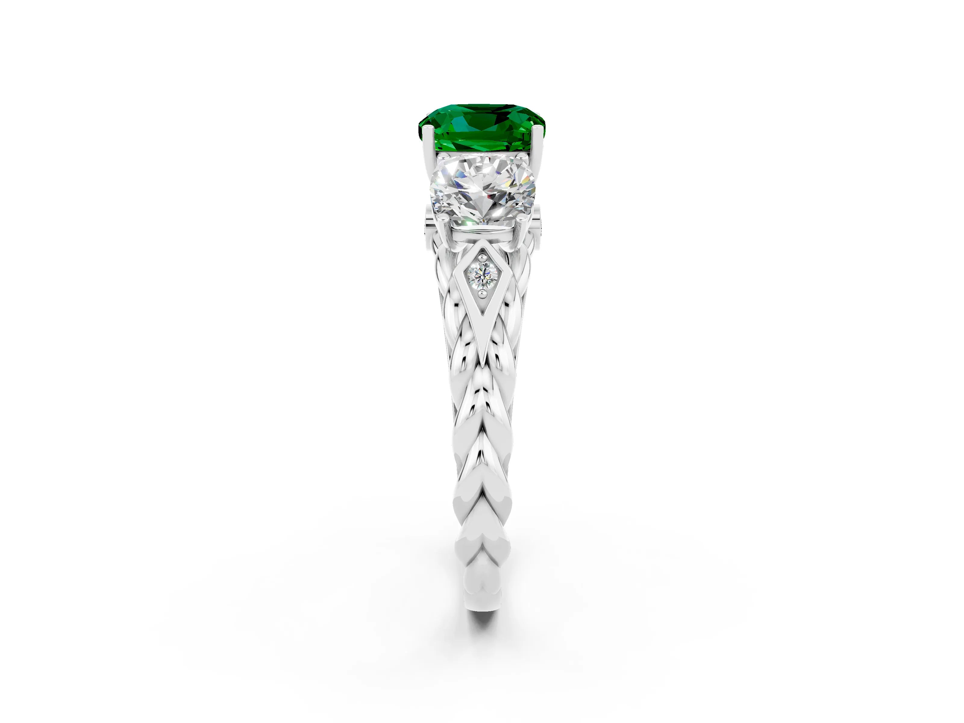 White gold Three-Stone Cushion Cut Emerald Braided Band Ring with Four-Prong Setting_47