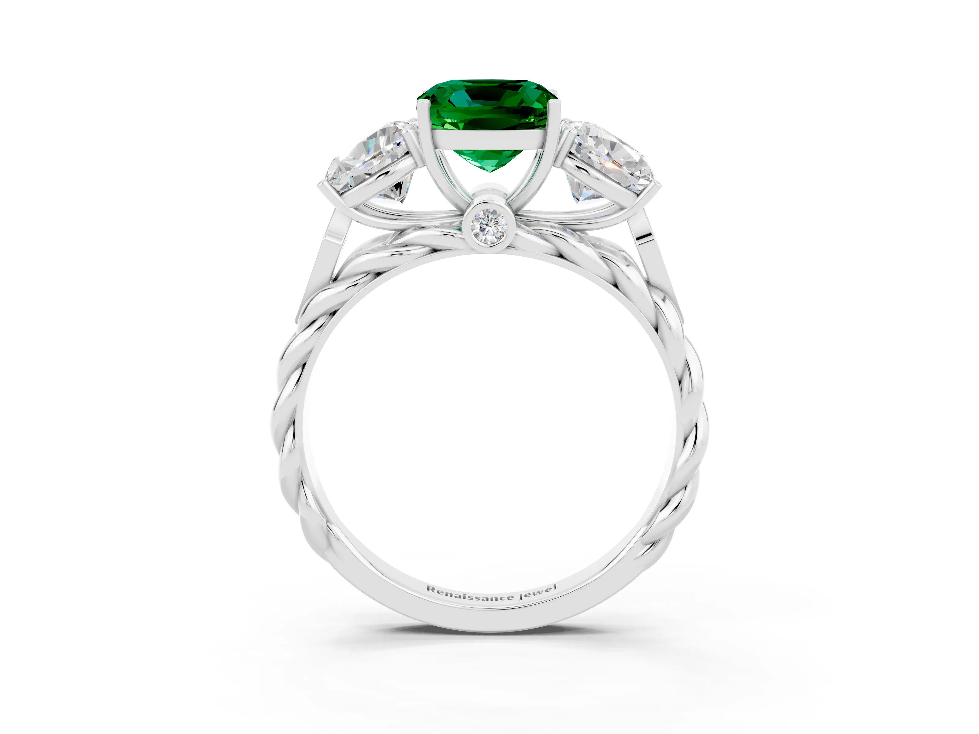 White gold Three-Stone Cushion Cut Emerald Braided Band Ring with Four-Prong Setting_48