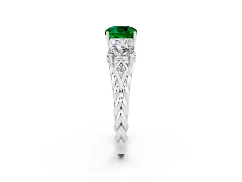 White gold Three-Stone Cushion Cut Emerald Braided Band Ring with Four-Prong Setting_50