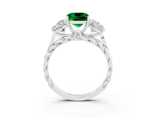 Silver Three-Stone Cushion Cut Emerald Braided Band Ring with Four-Prong Setting