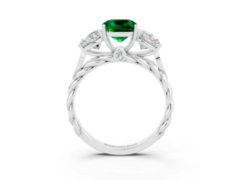 White gold Three-Stone Cushion Cut Emerald Braided Band Ring with Four-Prong Setting_51