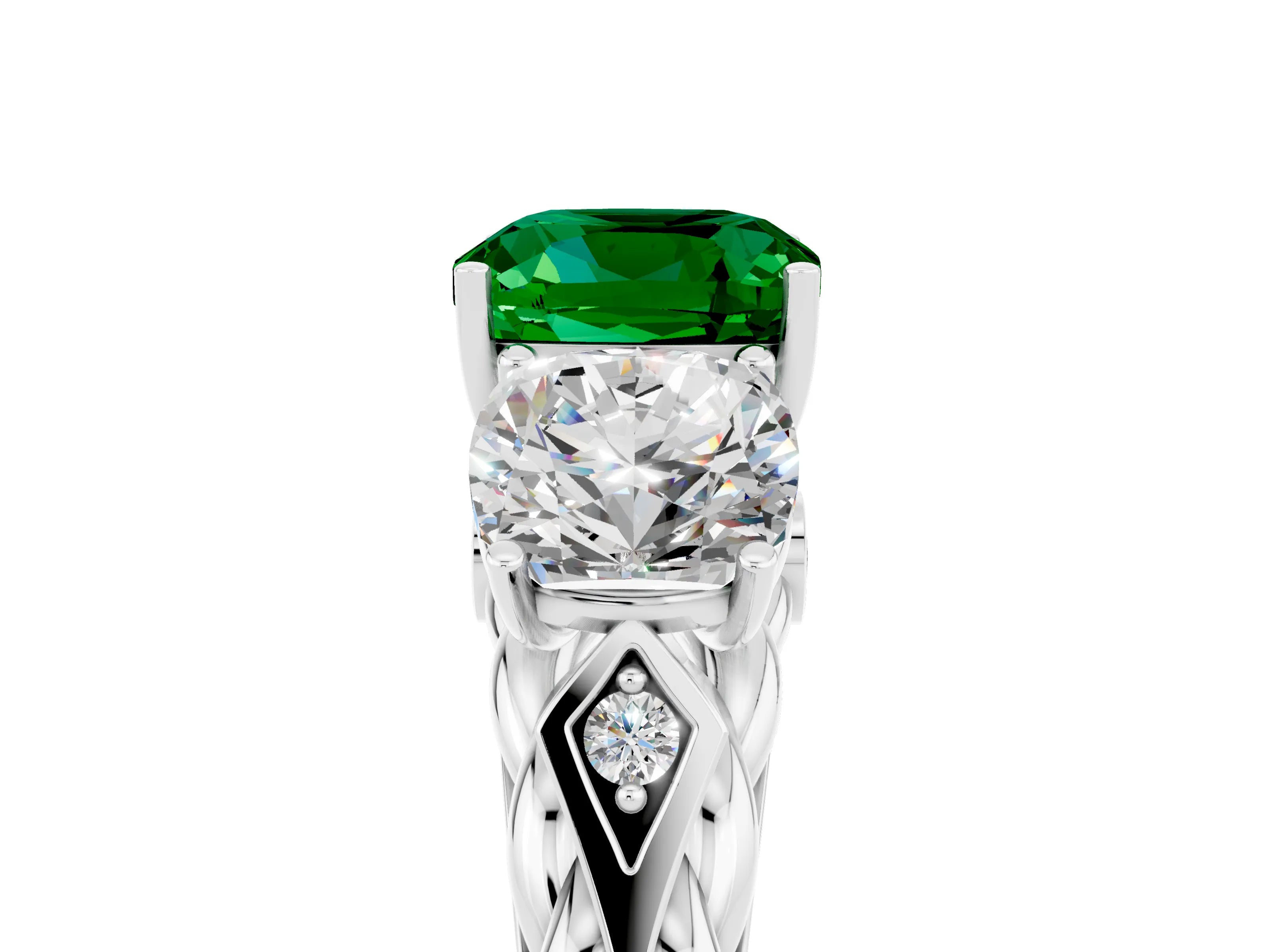 White gold Three-Stone Cushion Cut Emerald Braided Band Ring with Four-Prong Setting_53
