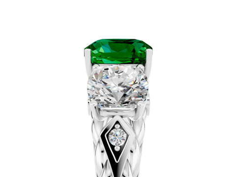 White gold Three-Stone Cushion Cut Emerald Braided Band Ring with Four-Prong Setting_53