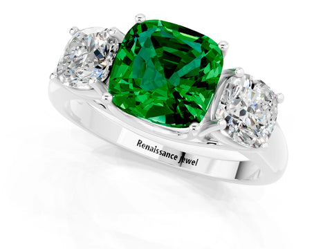 White gold Three-Stone Cushion Cut Emerald Engagement Ring with Prong Setting_1