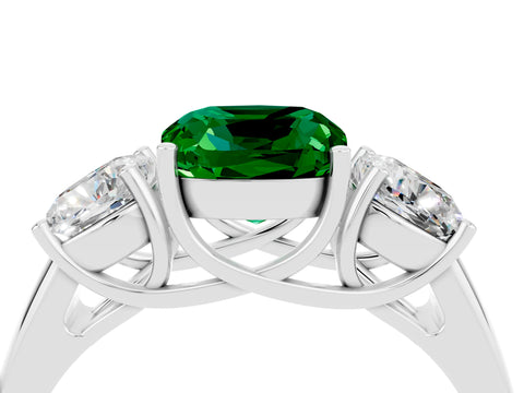 White gold Three-Stone Cushion Cut Emerald Engagement Ring with Prong Setting_4