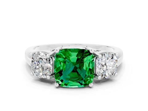 White gold Three-Stone Cushion Cut Emerald Engagement Ring with Prong Setting