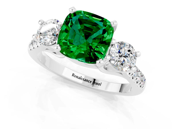 Platinum Three-Stone Cushion Cut Emerald Pavé Band with Four-Prong Setting