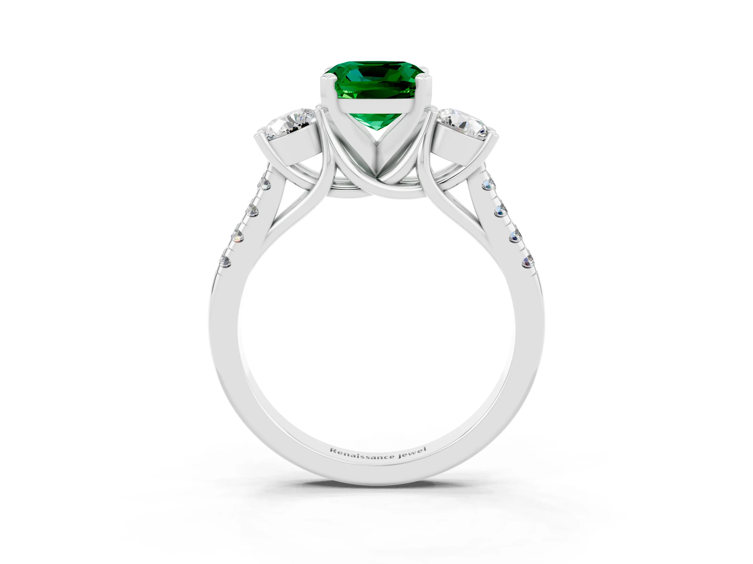 White gold Three-Stone Cushion Cut Emerald Pavé Band with Four-Prong Setting_3