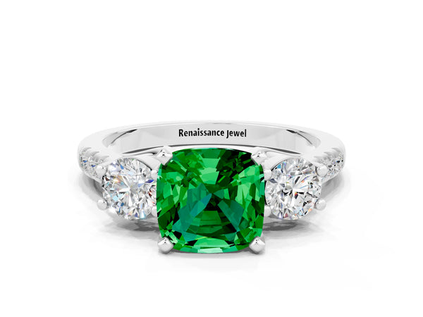 Silver Three-Stone Cushion Cut Emerald Pavé Band with Four-Prong Setting