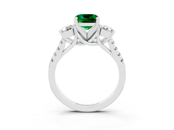 Silver Three-Stone Cushion Cut Emerald Pavé Band with Four-Prong Setting