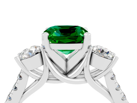White gold Three-Stone Cushion Cut Emerald Pavé Band with Four-Prong Setting_4