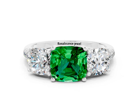 White gold Three-Stone Cushion Cut Emerald Ring with Pavé Band and Prong Setting_12