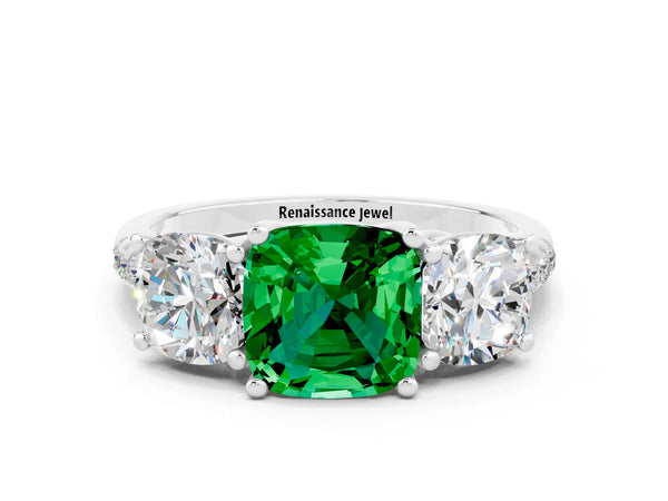 Silver Three-Stone Cushion Cut Emerald Ring with Round  Pavé Band and Prong Setting