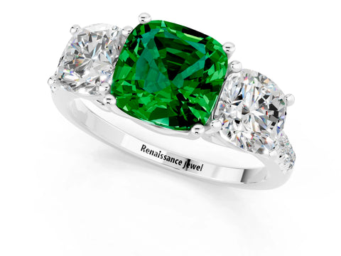 White gold Three-Stone Cushion Cut Emerald Ring with Pavé Band and Prong Setting_13